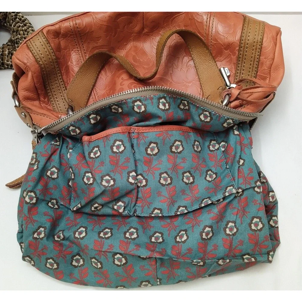 Fossil Orange Leather Floral Double Handles Zipper Closure Satchel Shoulder Bag